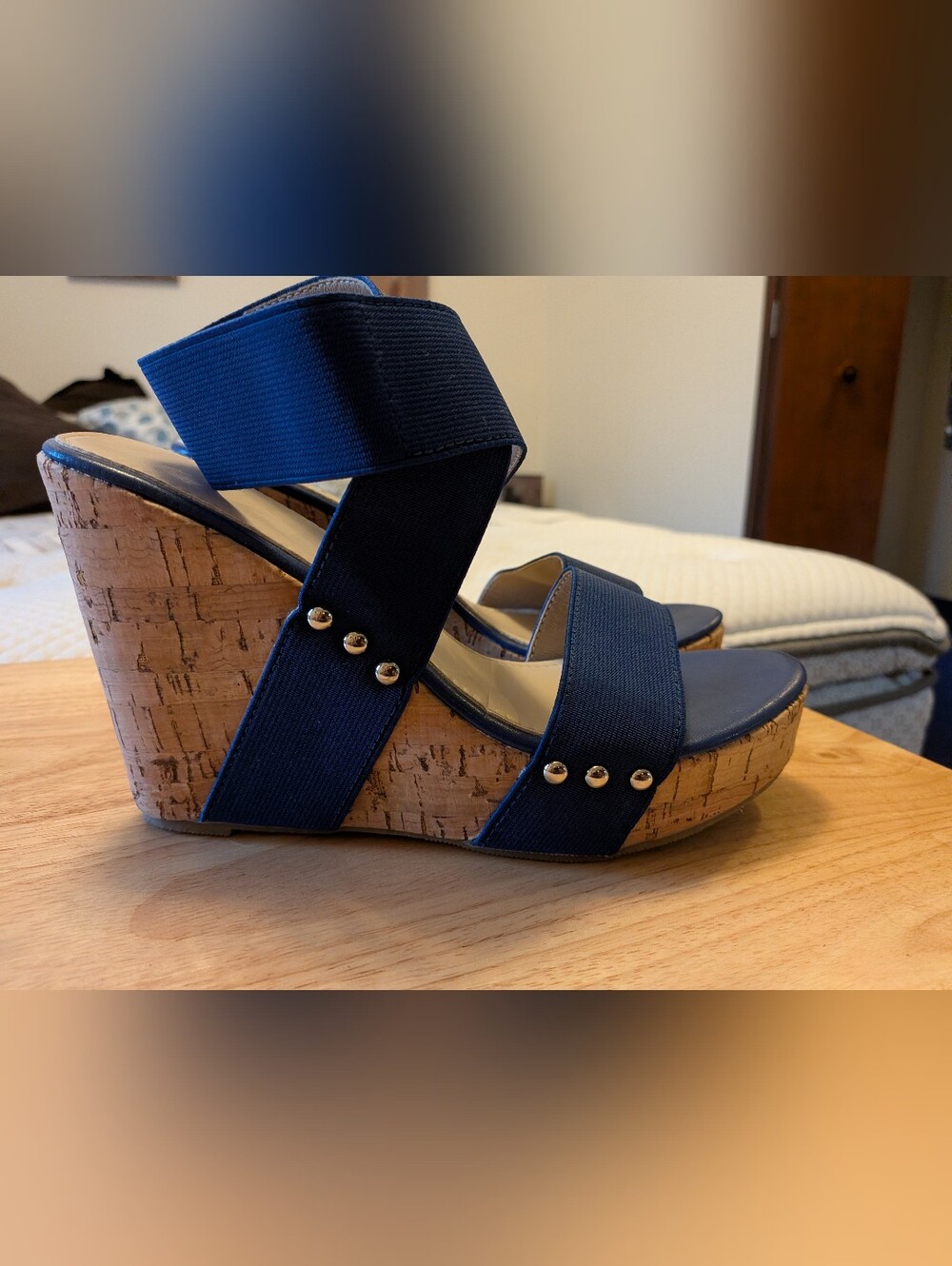 Women’s Navy Cork Wedge Sandals with Stud Detail